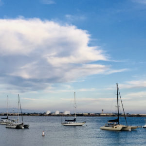 Sailboats anchored in bay near San Diego, CA.